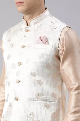 Cream peach jacquard jacket with peach kurta set