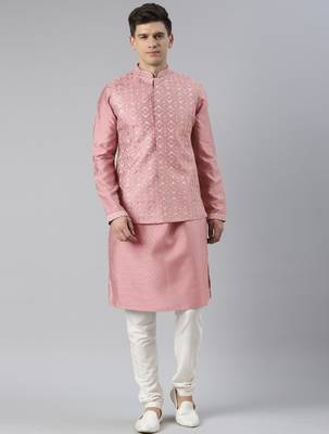 Pink embroidered jacket kurta set 1