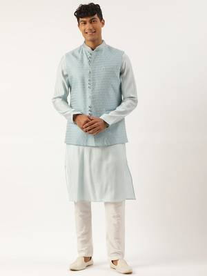Light blue banarasi jacquard jacket with kurta set 1
