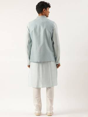 Light blue banarasi jacquard jacket with kurta set 2