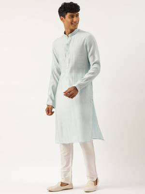 Light blue banarasi jacquard jacket with kurta set 4
