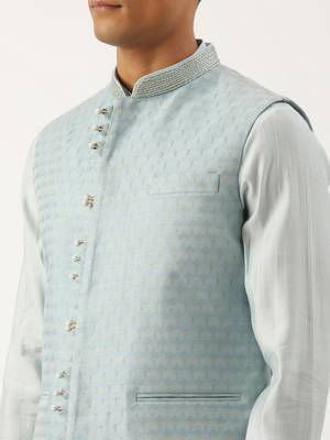 Light blue banarasi jacquard jacket with kurta set 5