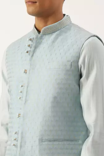 Light blue banarasi jacquard jacket with kurta set