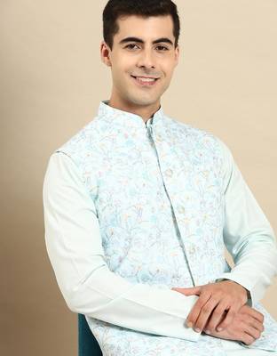 Light pastel blue linen jacket with kurta set 1