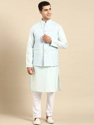Light pastel blue linen jacket with kurta set 2