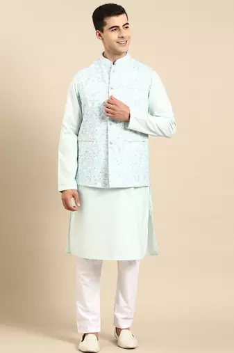 Light pastel blue linen jacket with kurta set