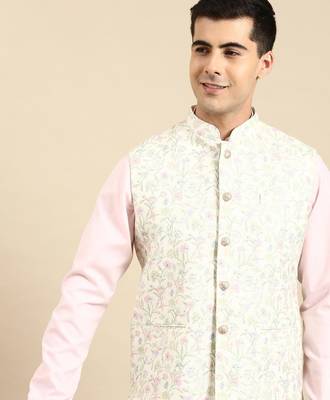 Light pastel lime linen jacket with kurta set 1
