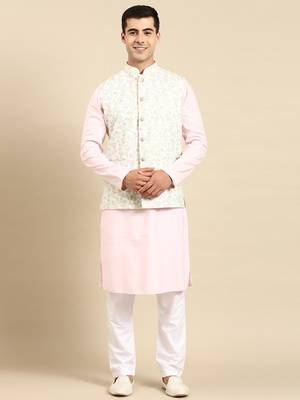 Light pastel lime linen jacket with kurta set 2