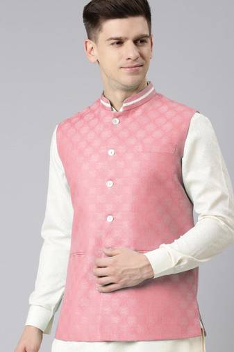Pink cotton jacquard jacket kurta set