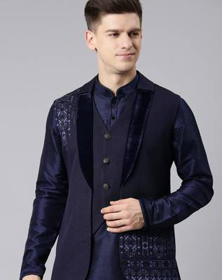 Dark blue layered lapel style jacket kurta set 1
