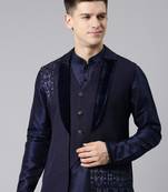 Dark blue layered lapel style jacket kurta set