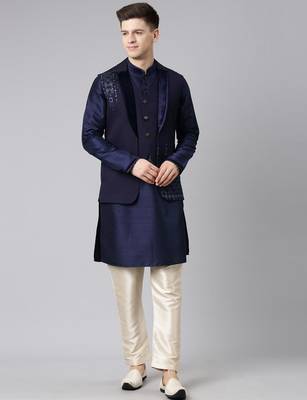 Dark blue layered lapel style jacket kurta set 2