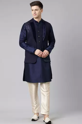 Dark blue layered lapel style jacket kurta set