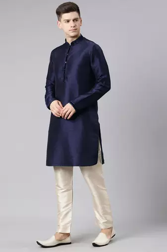 Dark blue layered lapel style jacket kurta set