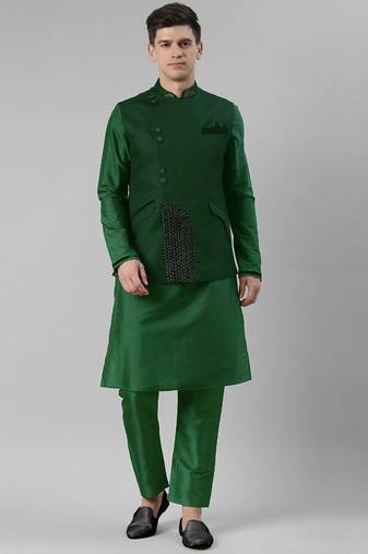 Bottle green overlap jacket kurta set