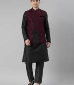 Wine embroidered overlap jacket kurta set