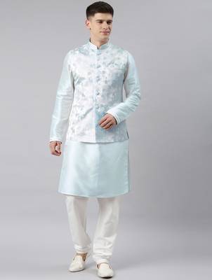Blue jacquard jacket kurta set 1