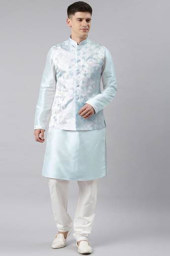 Blue jacquard jacket kurta set