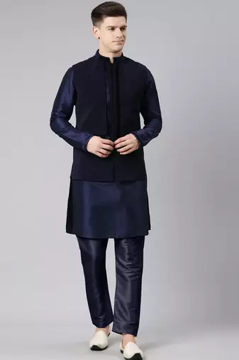 Blue pleated jacket kurta set