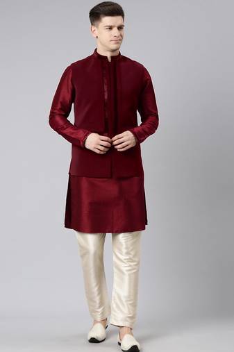 Maroon pleated jacket kurta set