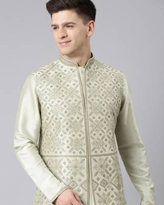 Olive green dori embroidery jacket  kurta set 1