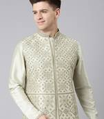 Olive green dori embroidery jacket  kurta set