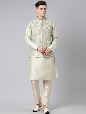 Olive green dori embroidery jacket  kurta set 2