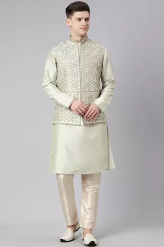 Olive green dori embroidery jacket  kurta set