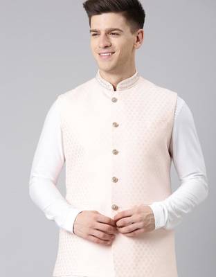 Peach jacquard jacket kurta set 1