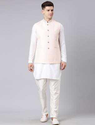 Peach jacquard jacket kurta set 2