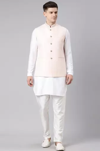 Peach jacquard jacket kurta set