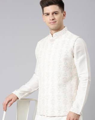 Cream dori embroidery jacket kurta set 1