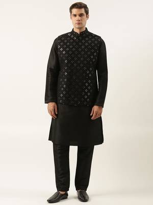 Black mirror embroidered jacket kurta set 1