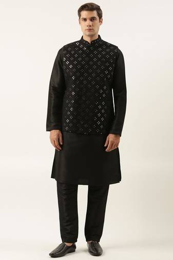 Black mirror embroidered jacket kurta set