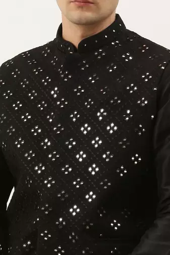 Black mirror embroidered jacket kurta set