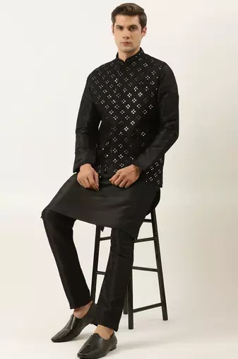 Black mirror embroidered jacket kurta set
