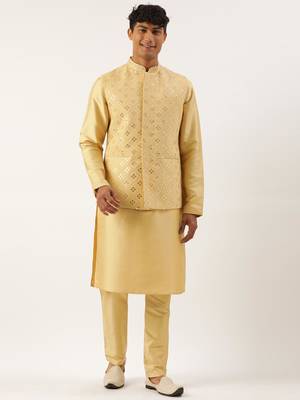 Yellow mirror embroidered jacket kurta set 1
