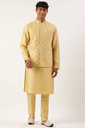 Yellow mirror embroidered jacket kurta set