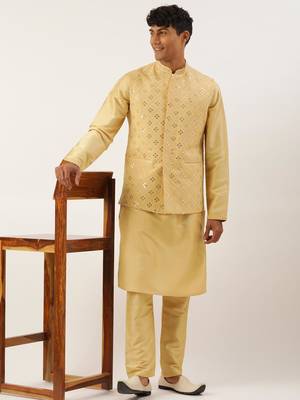 Yellow mirror embroidered jacket kurta set 4