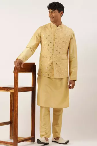 Yellow mirror embroidered jacket kurta set