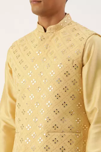 Yellow mirror embroidered jacket kurta set