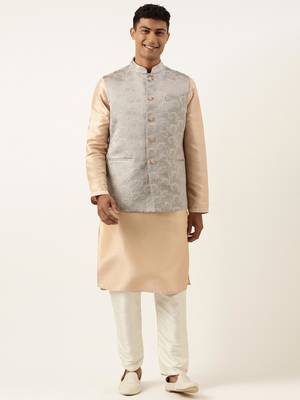 Grey peach jacquard jacket kurta set 1