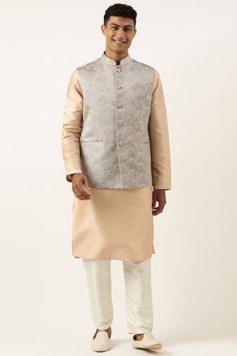 Grey peach jacquard jacket kurta set