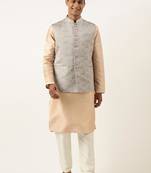 Grey peach jacquard jacket kurta set