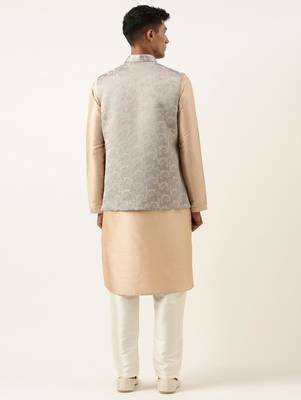 Grey peach jacquard jacket kurta set 5