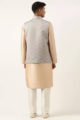 Grey peach jacquard jacket kurta set