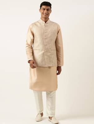 Peach jacquard jacket kurta set 1