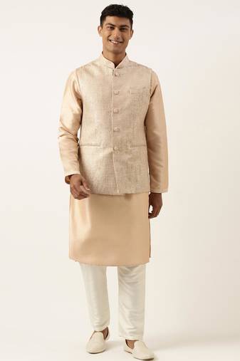 Peach jacquard jacket kurta set