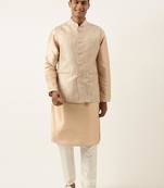Peach jacquard jacket kurta set