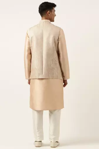 Peach jacquard jacket kurta set